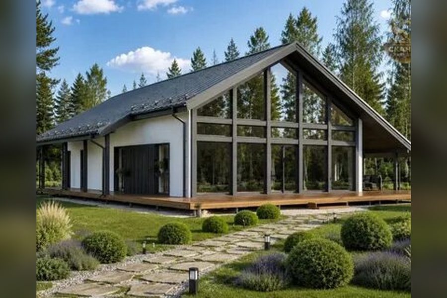 Фахверк, современная трактовка: дом с остеклённым фронтоном и дорожкой из камня