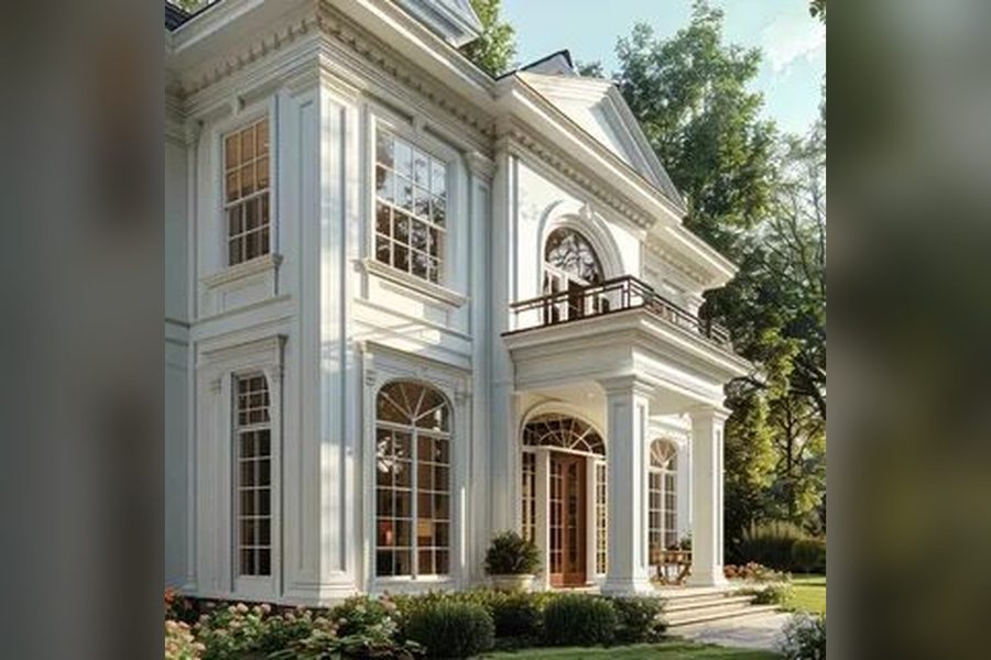 Классический стиль: белый двухэтажный дом с арочными окнами