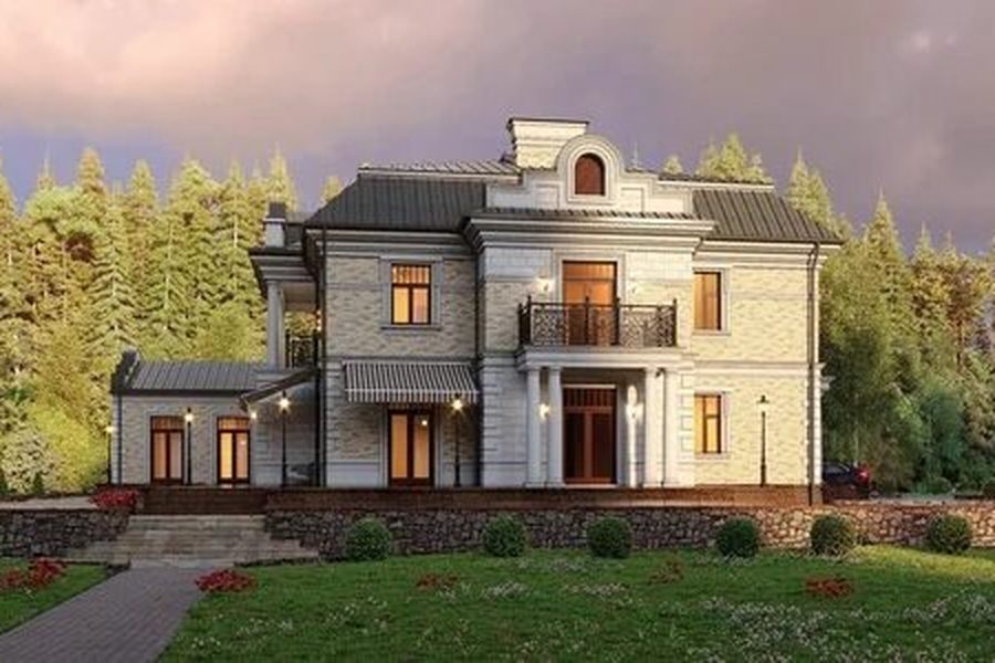 Классический стиль: светлый симметричный дом с балконом